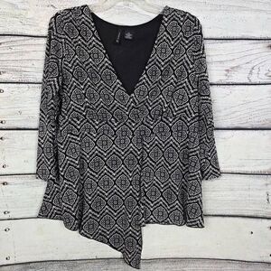 New Directions Black White Print Wrap Blouse XL
